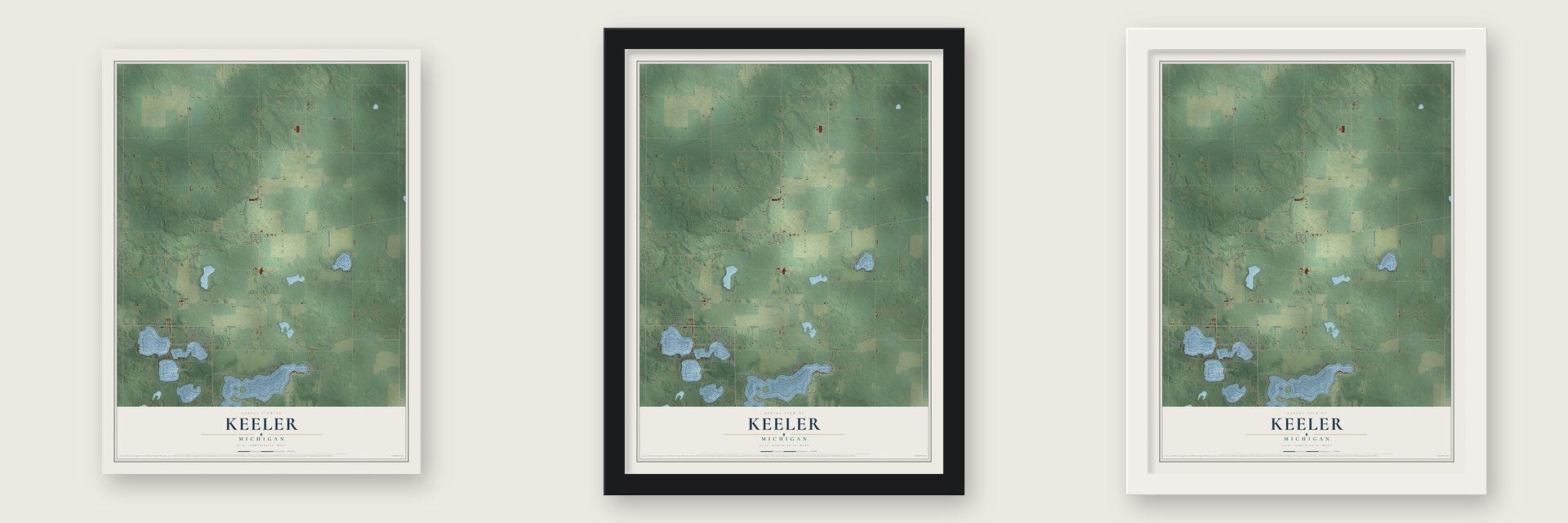 Keeler, Michigan map unframed, in a black wood frame and in a white wood frame