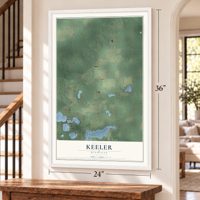Keeler, Michigan map, 24 x 36 inch print in a white frame by a staircase