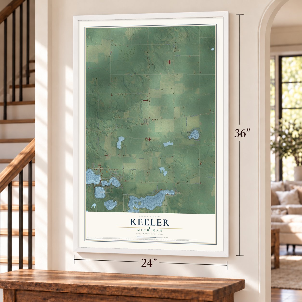 Keeler, Michigan map, 24 x 36 inch print in a white frame by a staircase