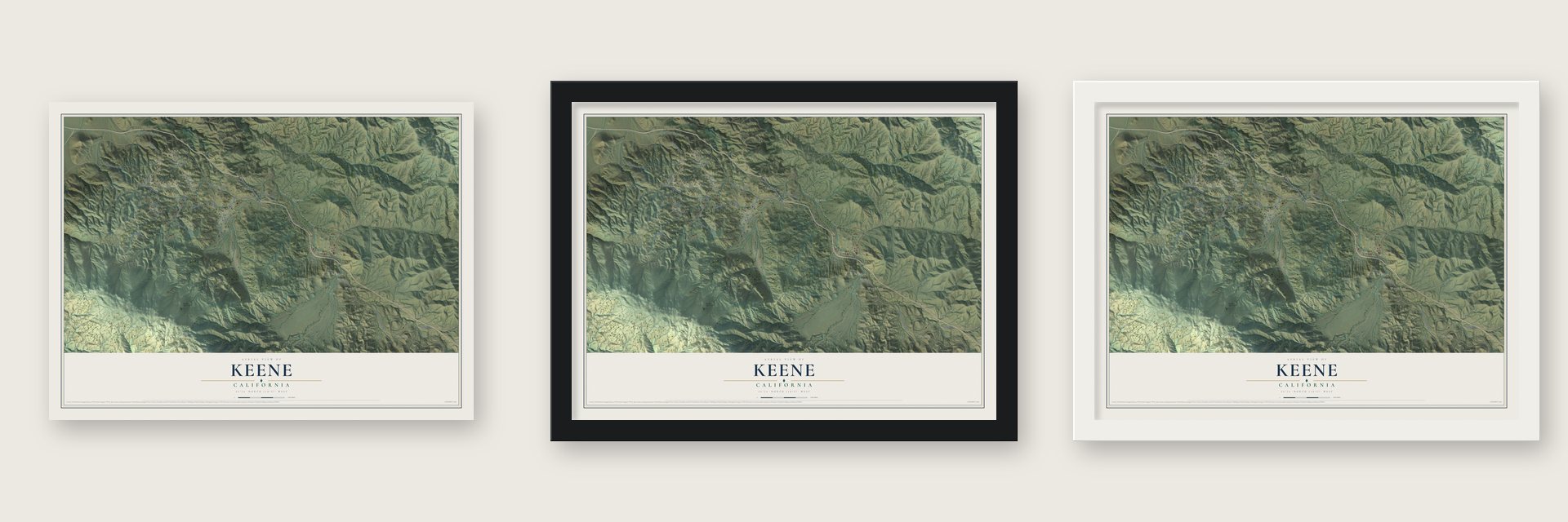 Keene, California map unframed, in a black wood frame and in a white wood frame