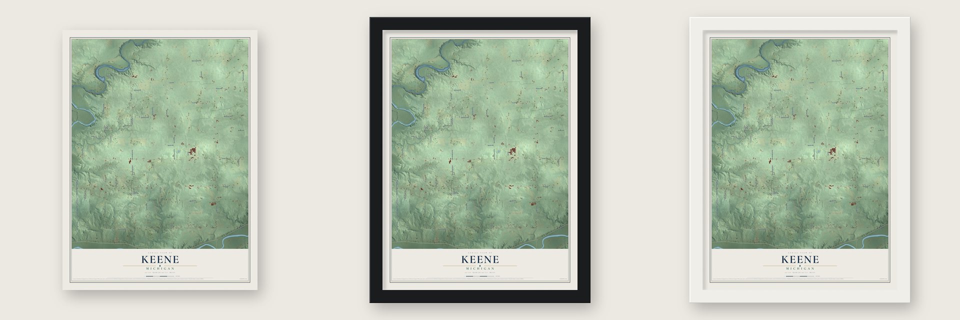 Keene, Michigan map unframed, in a black wood frame and in a white wood frame