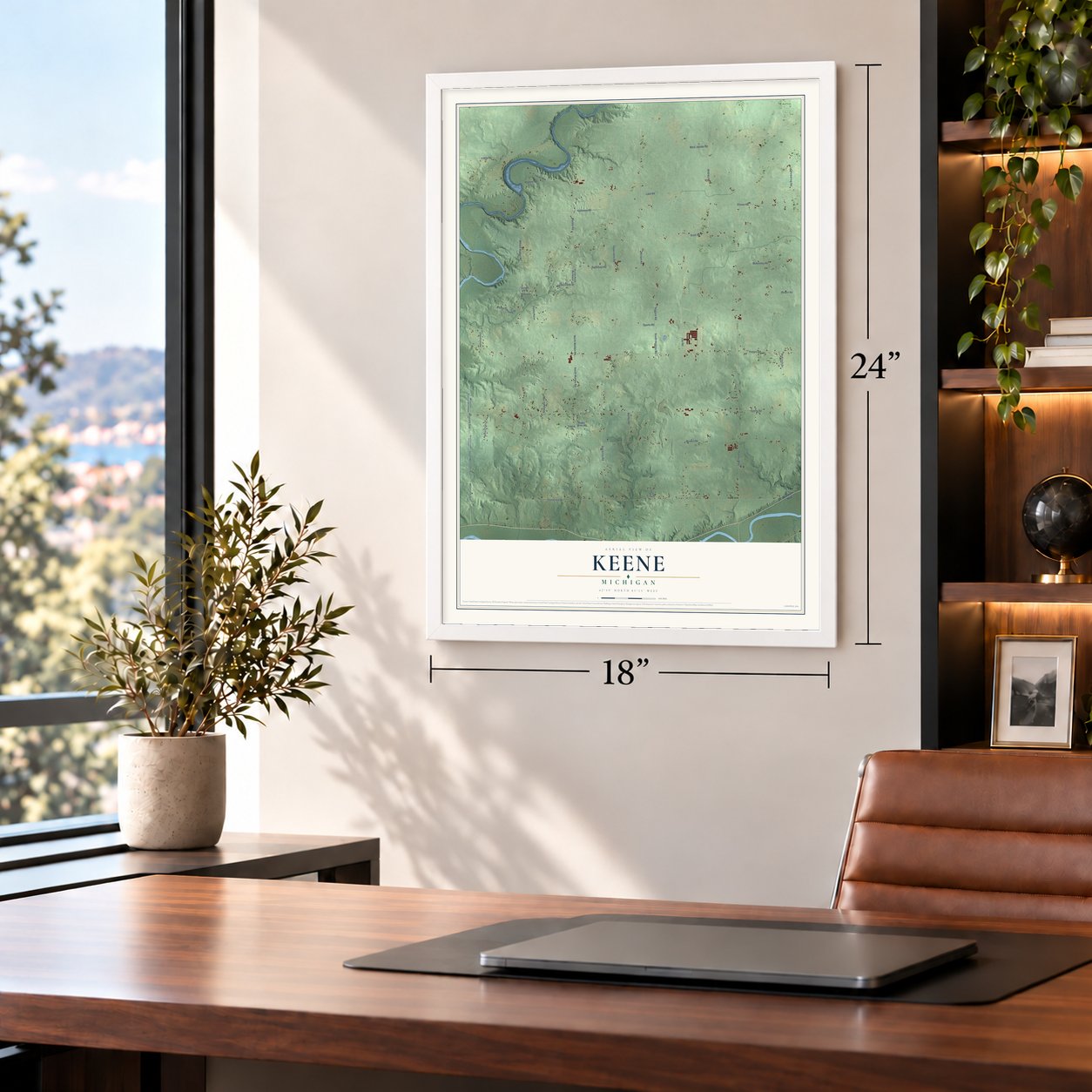 Keene, Michigan map, 18 x 24 inch print in a white frame in a home office