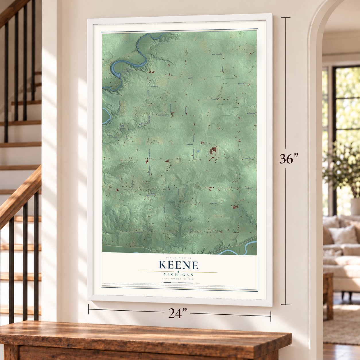 Keene, Michigan map, 24 x 36 inch print in a white frame by a staircase