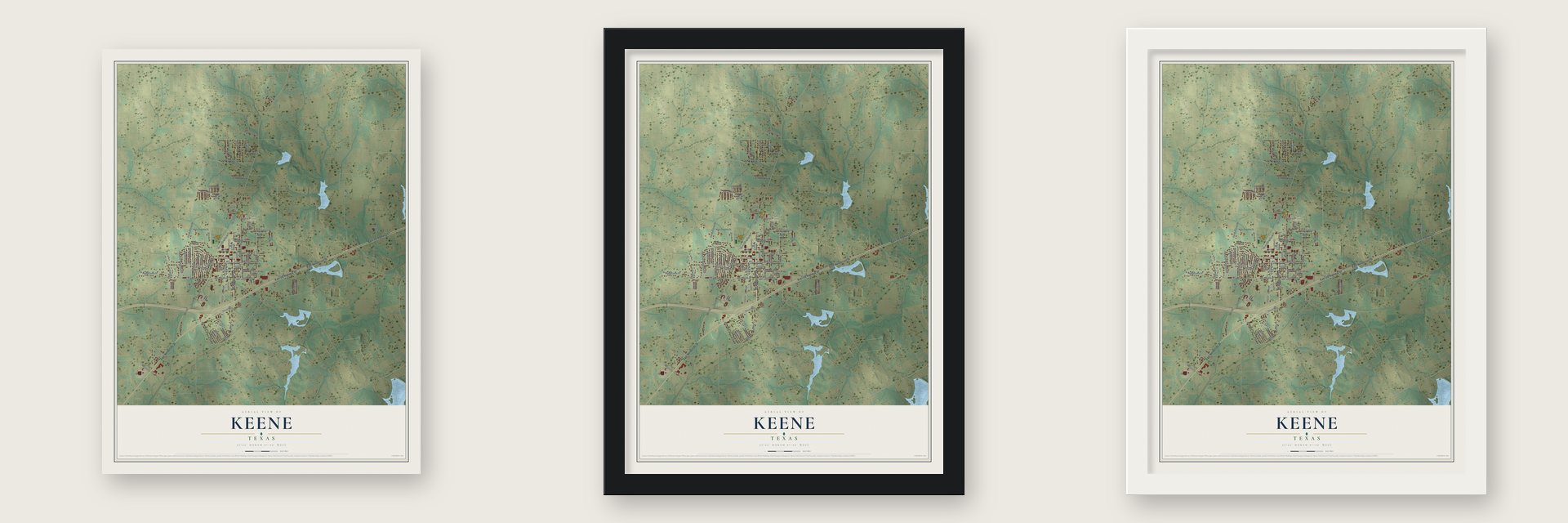 Keene, Texas map unframed, in a black wood frame and in a white wood frame