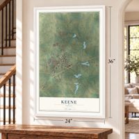 Keene, Texas map, 24 x 36 inch print in a white frame by a staircase