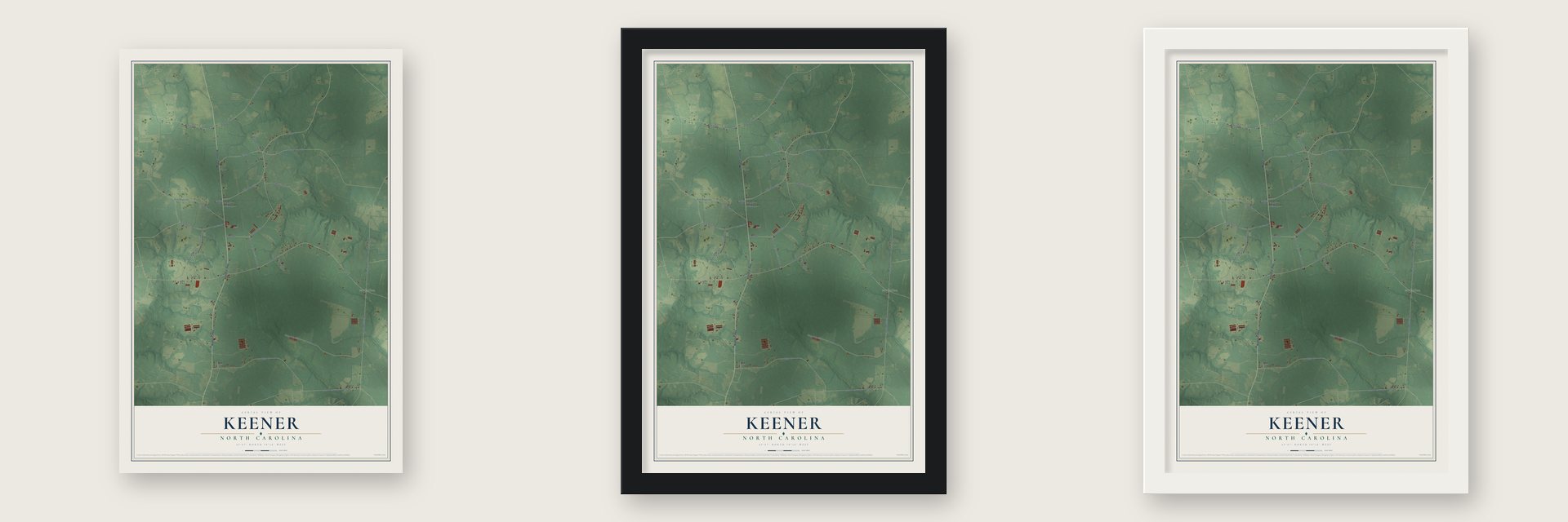 Keener, North Carolina map unframed, in a black wood frame and in a white wood frame