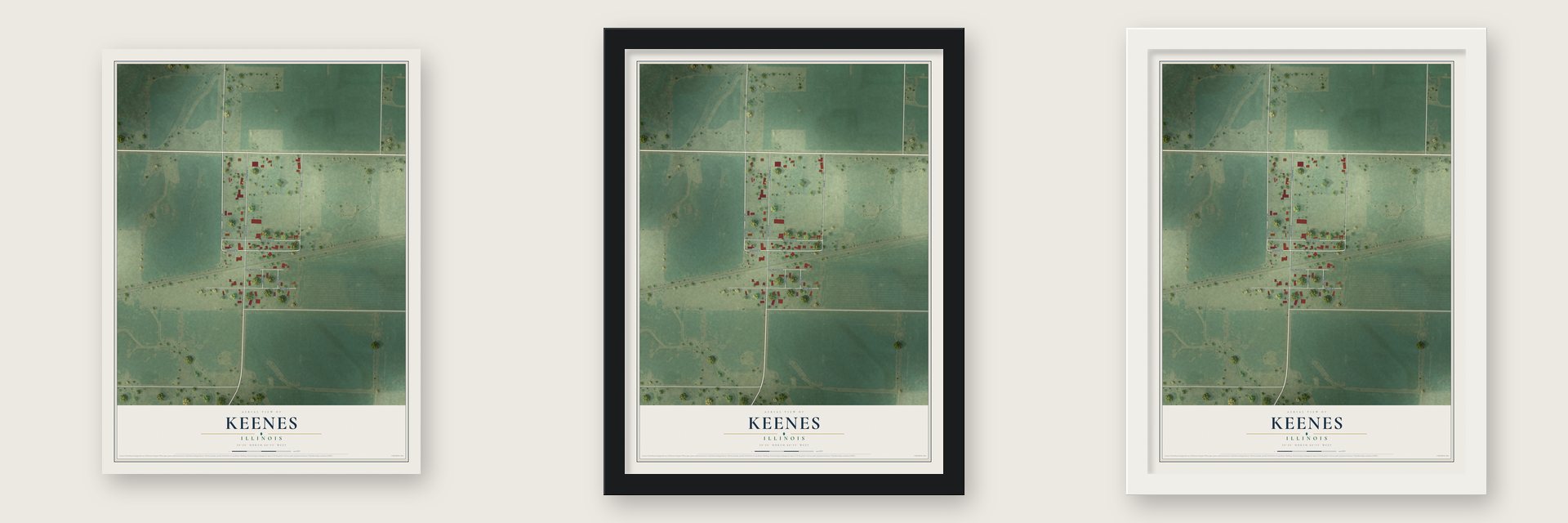 Keenes, Illinois map unframed, in a black wood frame and in a white wood frame