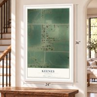 Keenes, Illinois map, 24 x 36 inch print in a white frame by a staircase