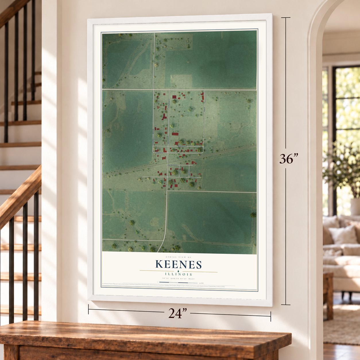 Keenes, Illinois map, 24 x 36 inch print in a white frame by a staircase