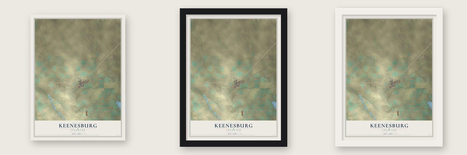 Keenesburg, Colorado map unframed, in a black wood frame and in a white wood frame