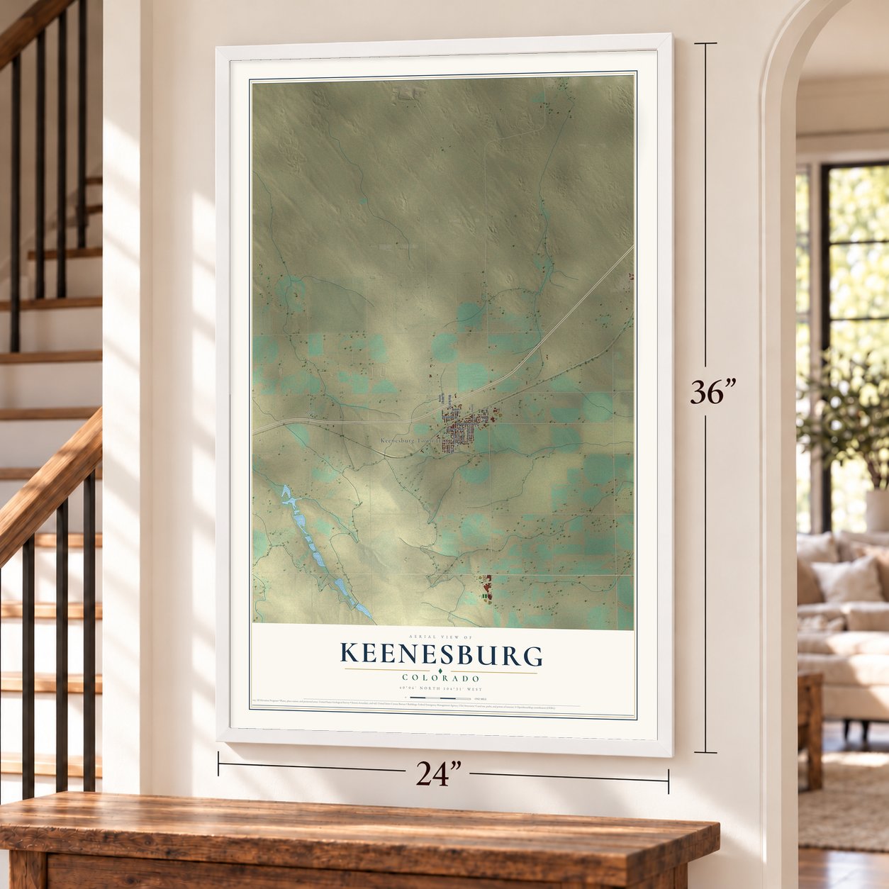 Keenesburg, Colorado map, 24 x 36 inch print in a white frame by a staircase