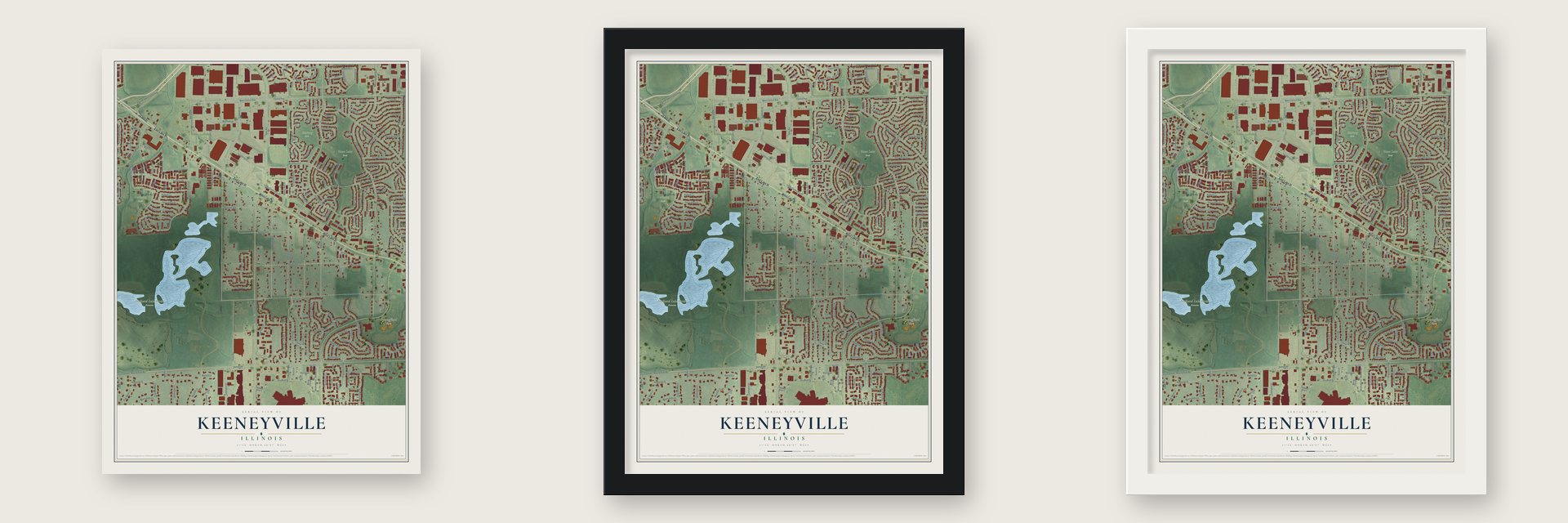 Keeneyville, Illinois map unframed, in a black wood frame and in a white wood frame