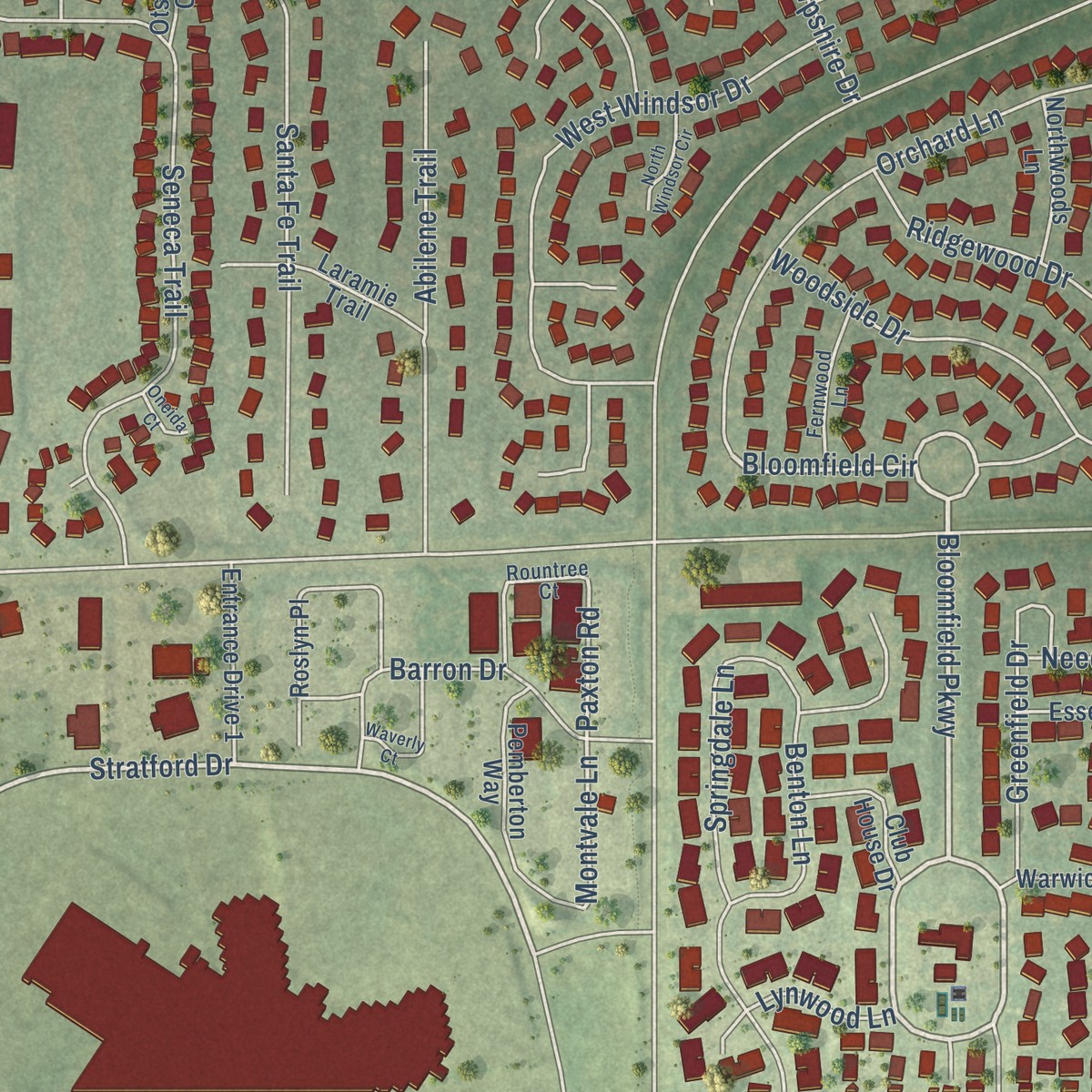 Second close-up of the map of Keeneyville, Illinois print showing more streets and buildings
