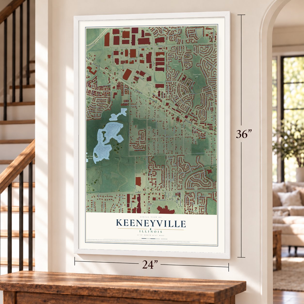 Keeneyville, Illinois map, 24 x 36 inch print in a white frame by a staircase