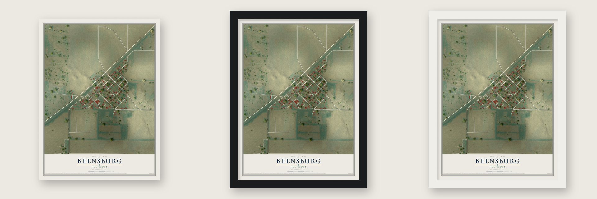 Keensburg, Illinois map unframed, in a black wood frame and in a white wood frame