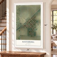 Keensburg, Illinois map, 24 x 36 inch print in a white frame by a staircase