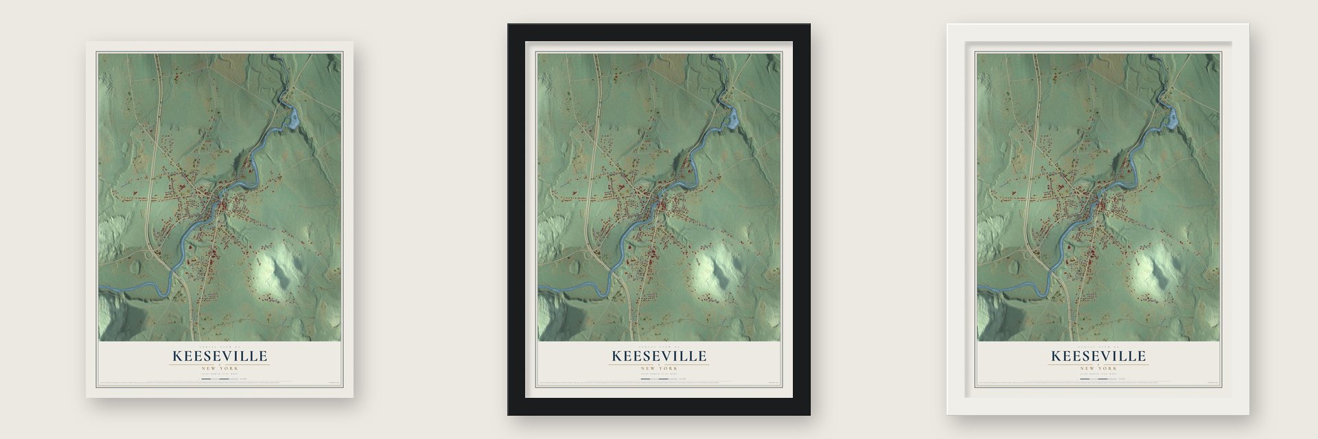 Keeseville, New York map unframed, in a black wood frame and in a white wood frame