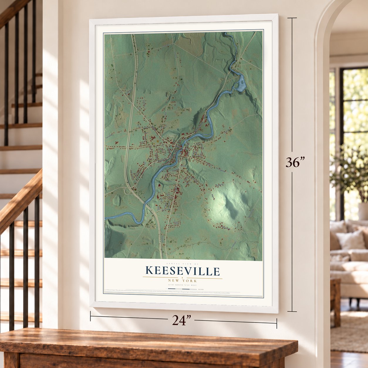 Keeseville, New York map, 24 x 36 inch print in a white frame by a staircase