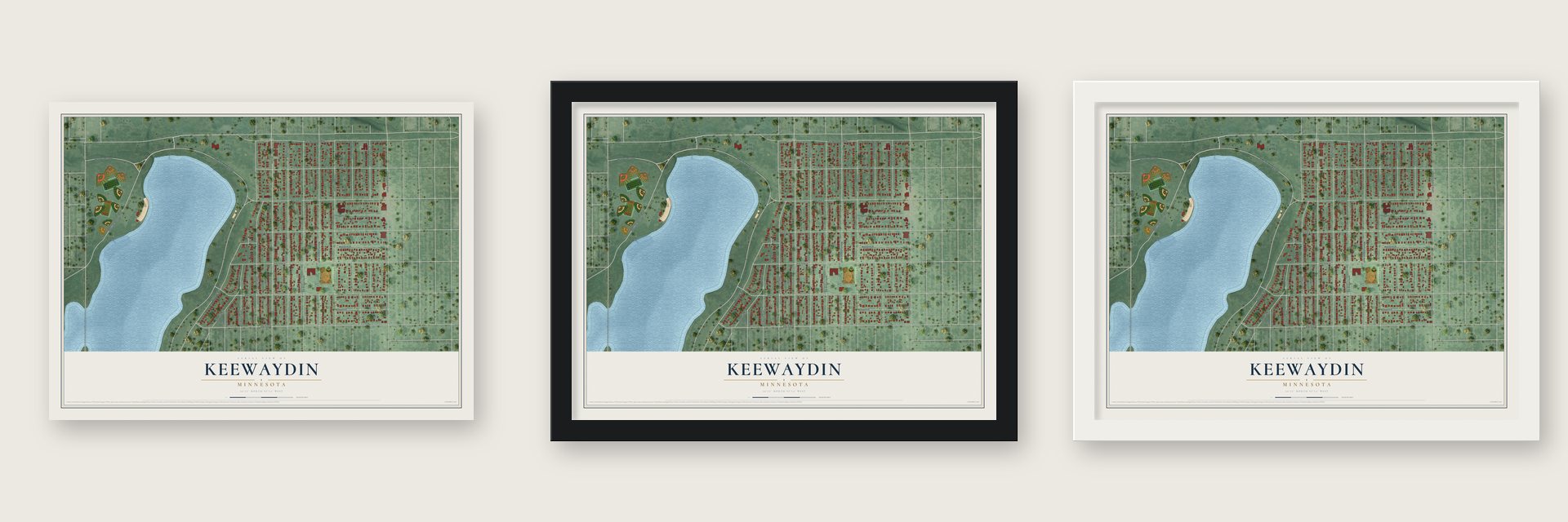 Keewaydin, Minnesota map unframed, in a black wood frame and in a white wood frame