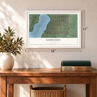 Keewaydin, Minnesota map, 12 x 18 inch print in a white frame in an entryway