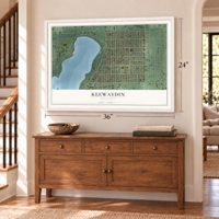 Keewaydin, Minnesota map, 24 x 36 inch print in a white frame above a dresser by a staircase