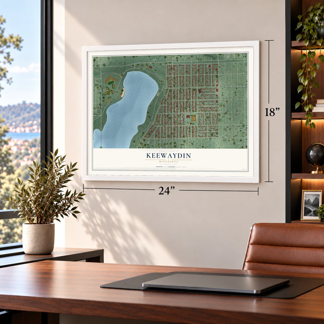 Keewaydin, Minnesota map, 18 x 24 inch print in a white frame in a home office