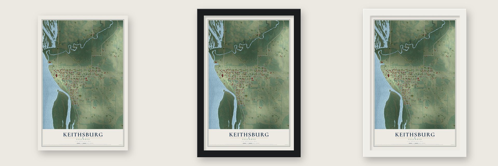 Keithsburg, Illinois map unframed, in a black wood frame and in a white wood frame