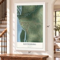 Keithsburg, Illinois map, 24 x 36 inch print in a white frame by a staircase