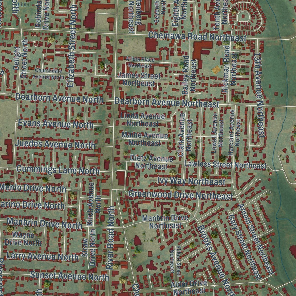 Second close-up of the map of Keizer, Oregon print showing more streets and buildings