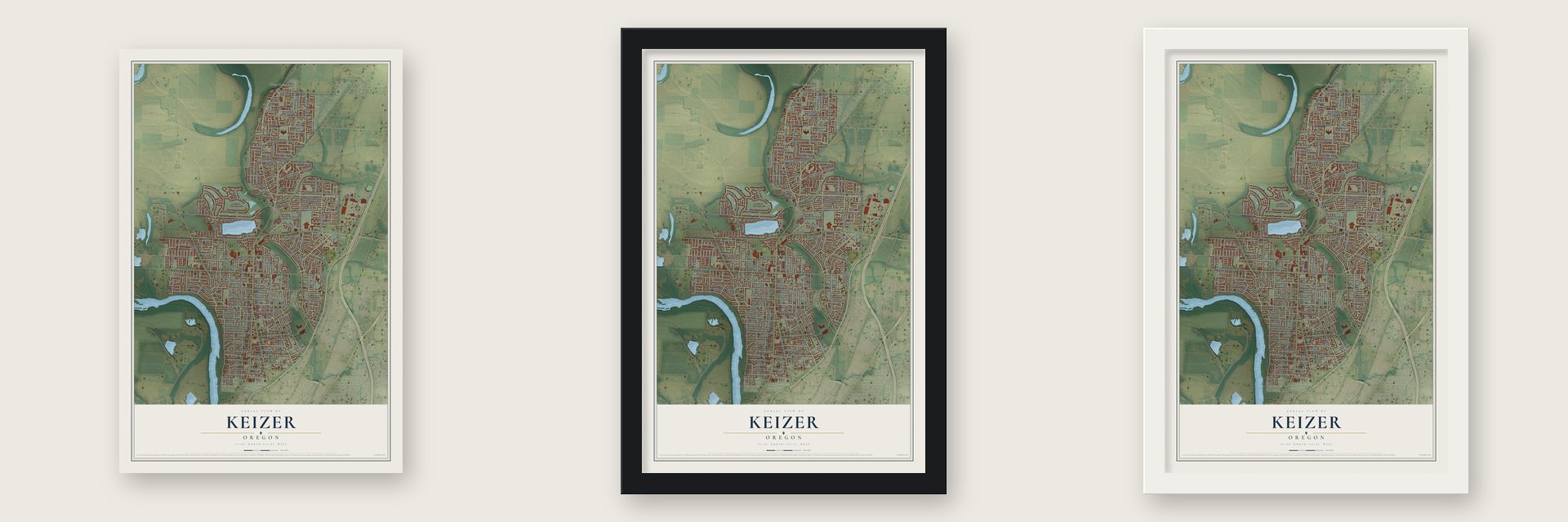 Keizer, Oregon map unframed, in a black wood frame and in a white wood frame