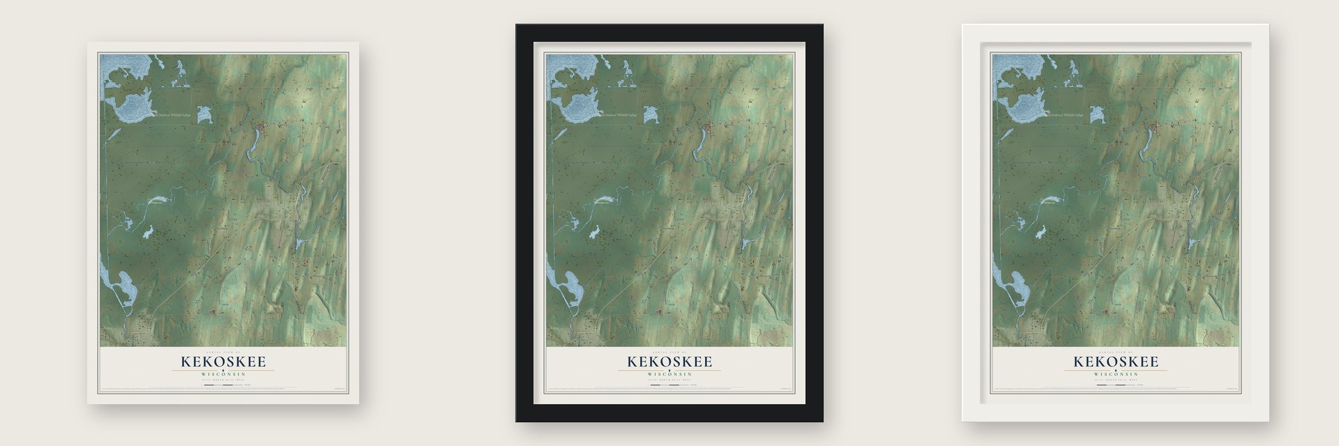 Kekoskee, Wisconsin map unframed, in a black wood frame and in a white wood frame