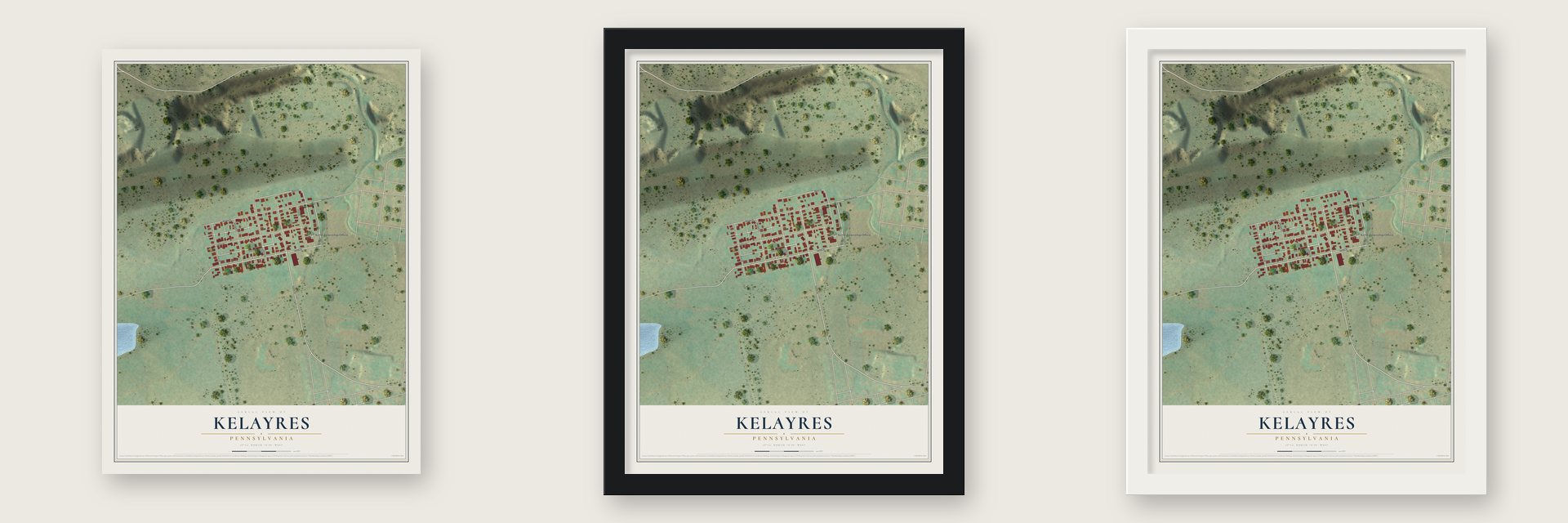 Kelayres, Pennsylvania map unframed, in a black wood frame and in a white wood frame