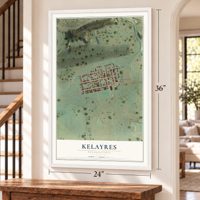 Kelayres, Pennsylvania map, 24 x 36 inch print in a white frame by a staircase
