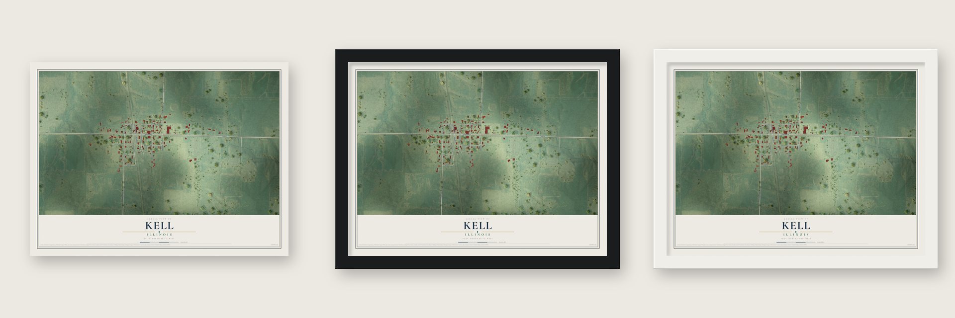 Kell, Illinois map unframed, in a black wood frame and in a white wood frame