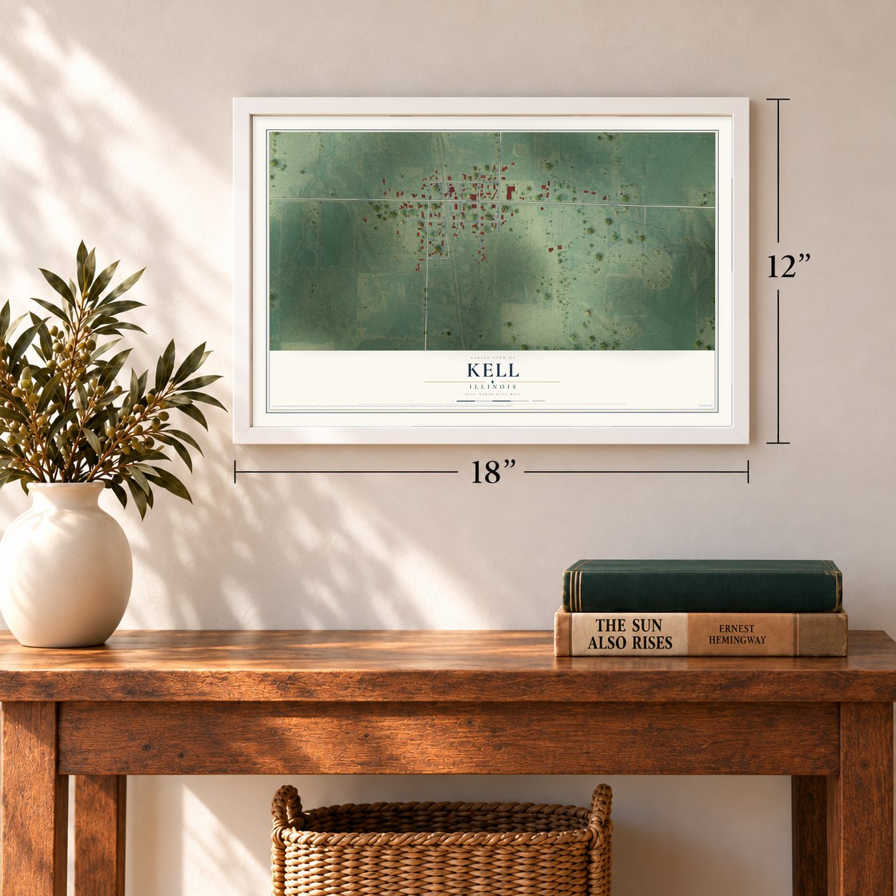 Kell, Illinois map, 12 x 18 inch print in a white frame in an entryway
