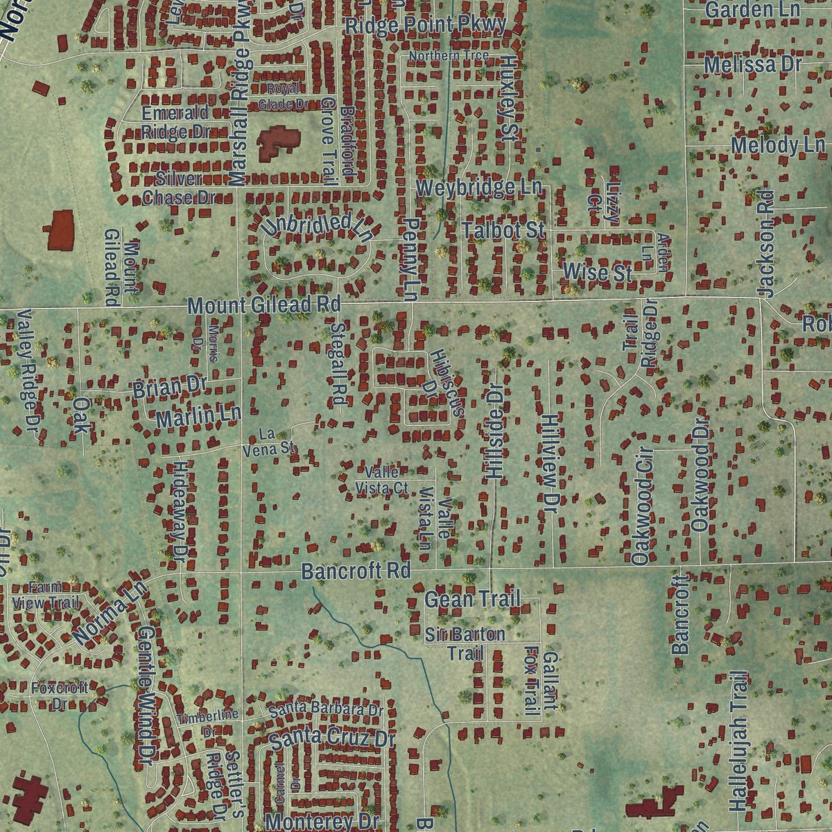 Second close-up of the map of Keller, Texas print showing more streets and buildings