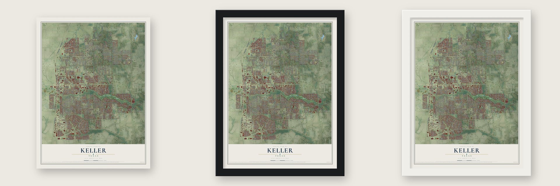 Keller, Texas map unframed, in a black wood frame and in a white wood frame