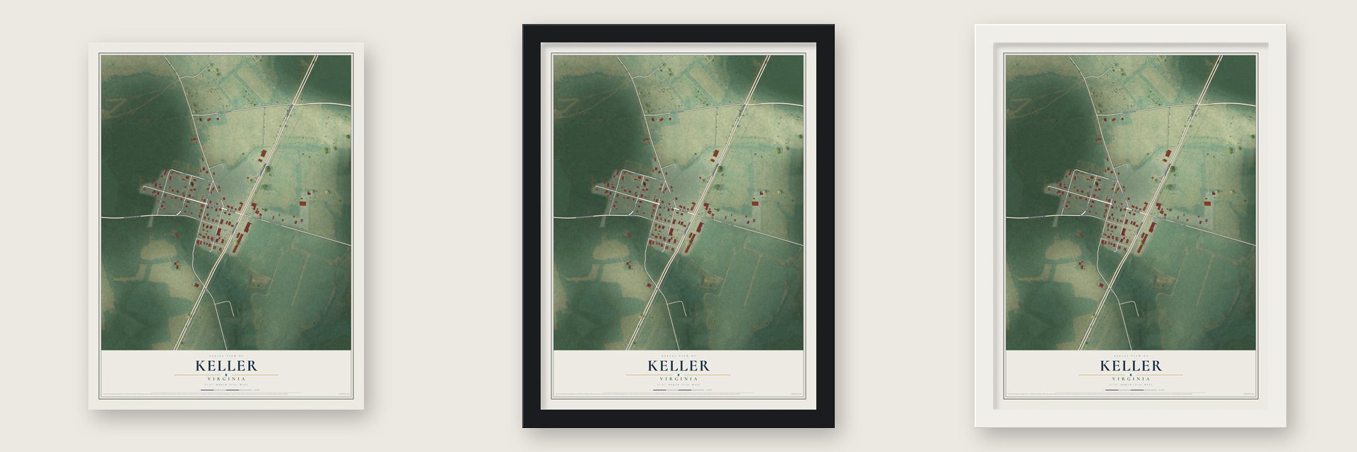 Keller, Virginia map unframed, in a black wood frame and in a white wood frame