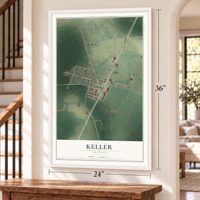 Keller, Virginia map, 24 x 36 inch print in a white frame by a staircase