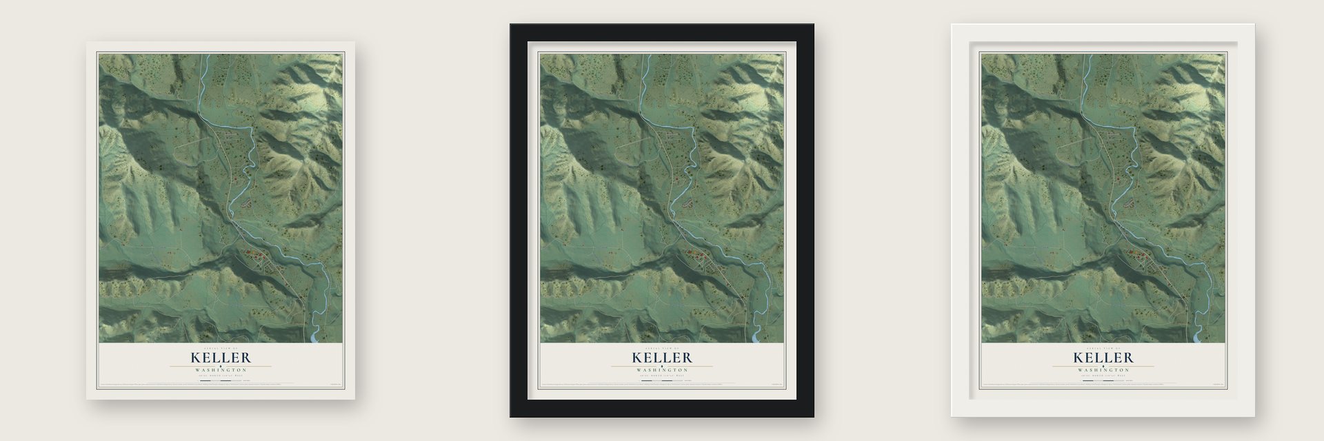 Keller, Washington map unframed, in a black wood frame and in a white wood frame