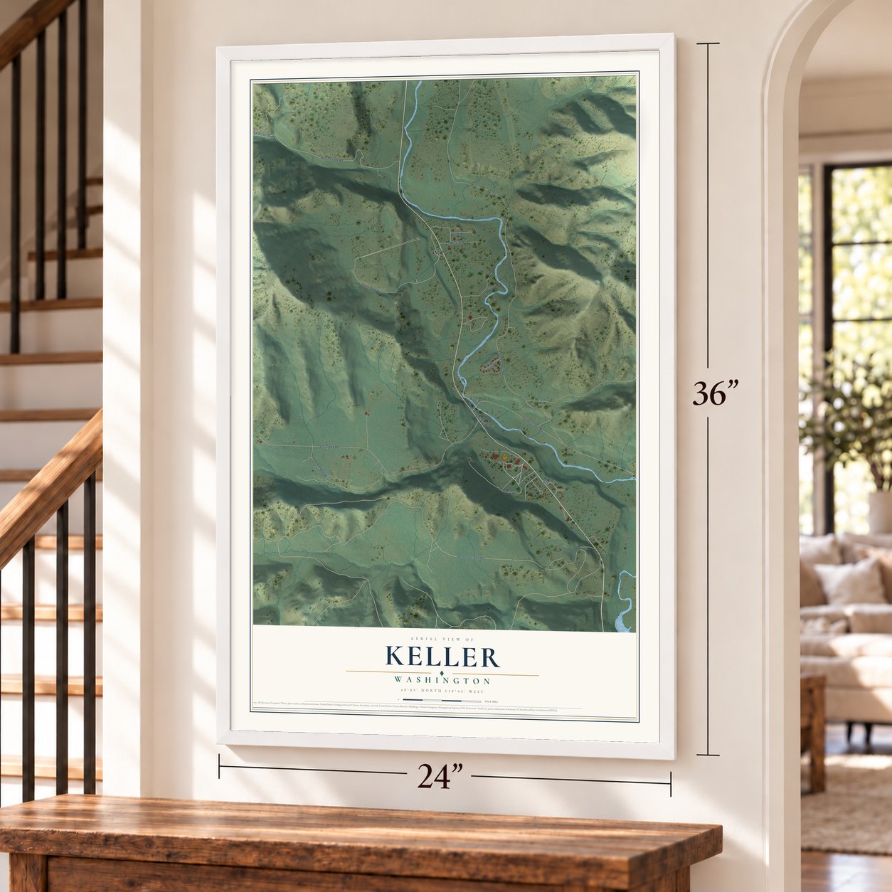 Keller, Washington map, 24 x 36 inch print in a white frame by a staircase