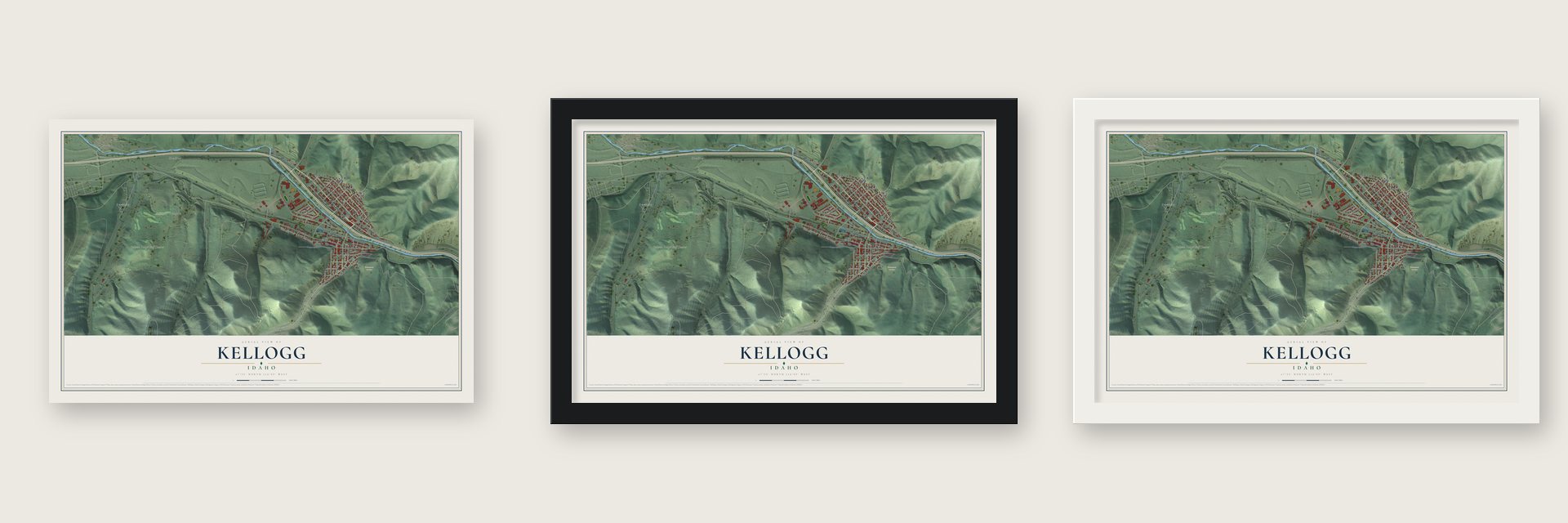 Kellogg, Idaho map unframed, in a black wood frame and in a white wood frame