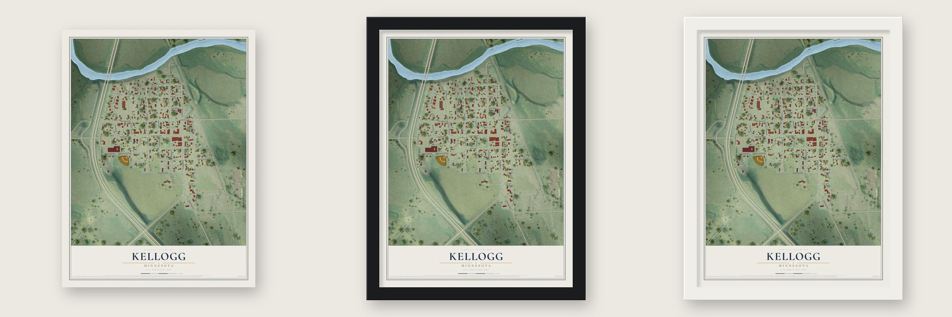 Kellogg, Minnesota map unframed, in a black wood frame and in a white wood frame