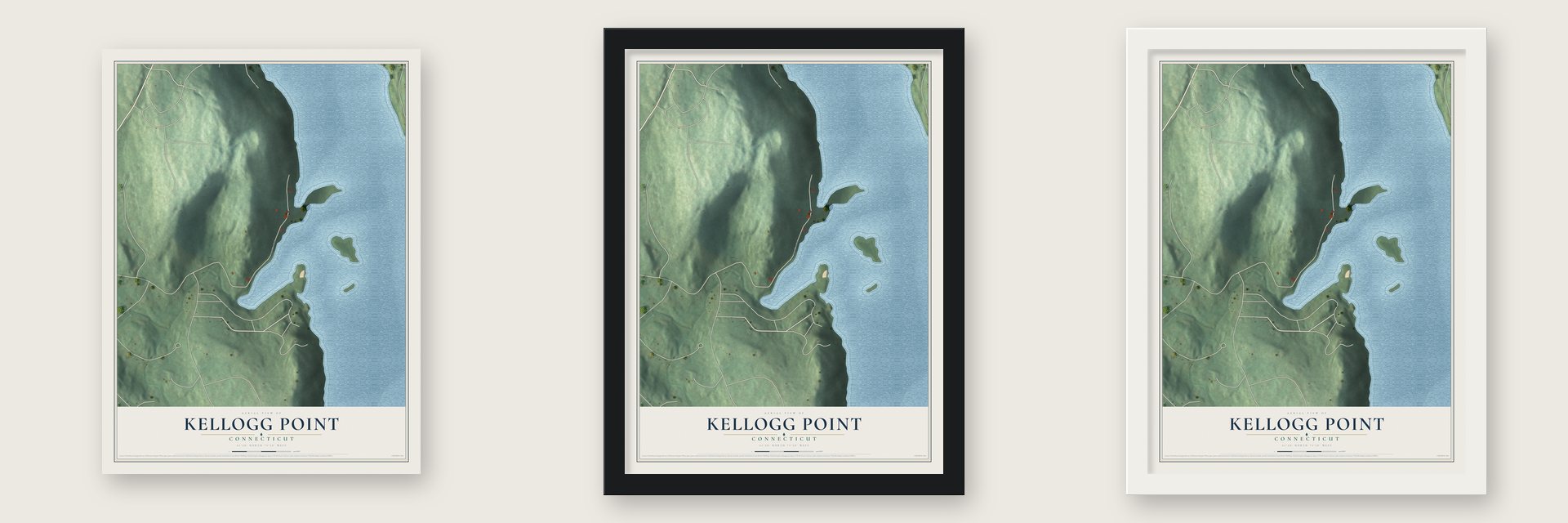 Kellogg Point, Connecticut map unframed, in a black wood frame and in a white wood frame