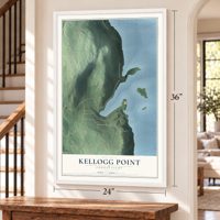 Kellogg Point, Connecticut map, 24 x 36 inch print in a white frame by a staircase