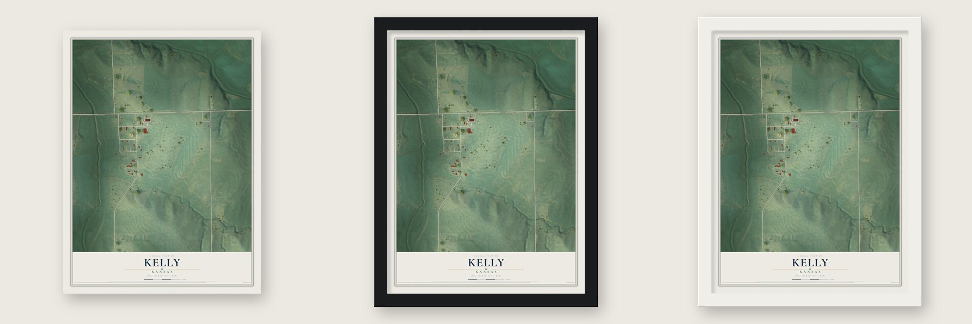 Kelly, Kansas map unframed, in a black wood frame and in a white wood frame