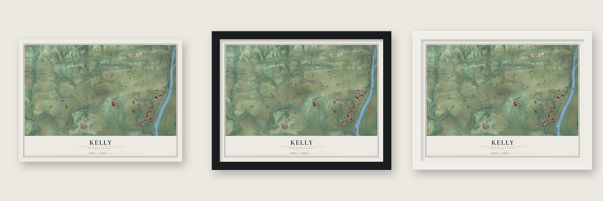 Kelly, Pennsylvania map unframed, in a black wood frame and in a white wood frame