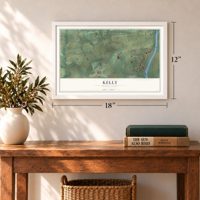 Kelly, Pennsylvania map, 12 x 18 inch print in a white frame in an entryway