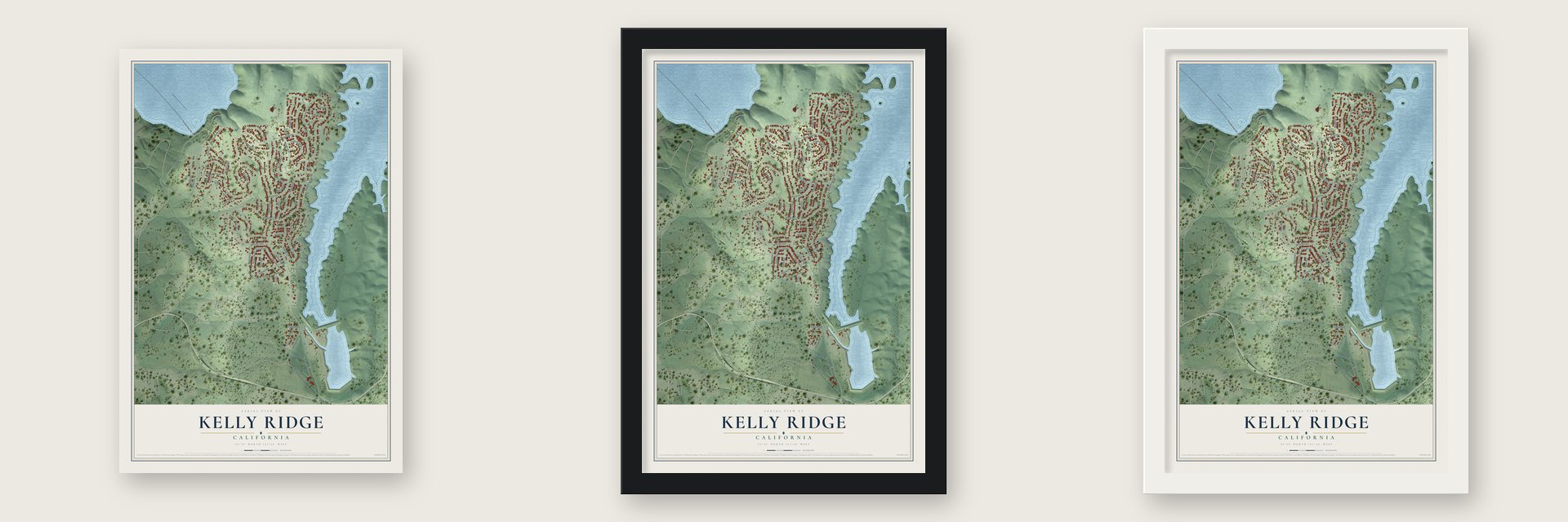 Kelly Ridge, California map unframed, in a black wood frame and in a white wood frame