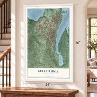 Kelly Ridge, California map, 24 x 36 inch print in a white frame by a staircase